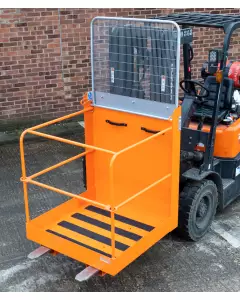 Heavy-duty forklift attachment with an orange frame designed for lifting and transporting loads, displayed on a white background.